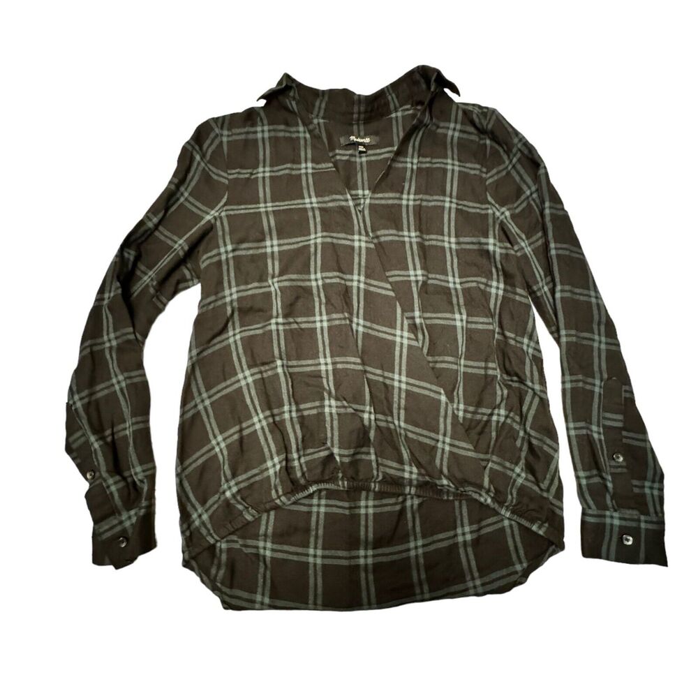 Madewell Wrap-Front Shirt Women's Size XXS Palma Plaid Black Green Popover L/S